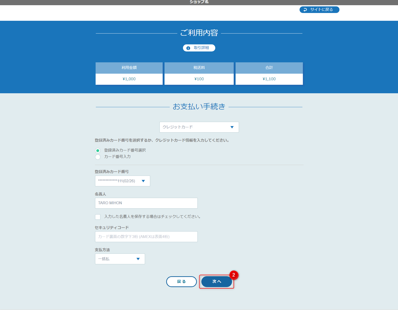 リンクタイプ Plusクレジットカード決済_決済情報入力画面のスクリーンショット