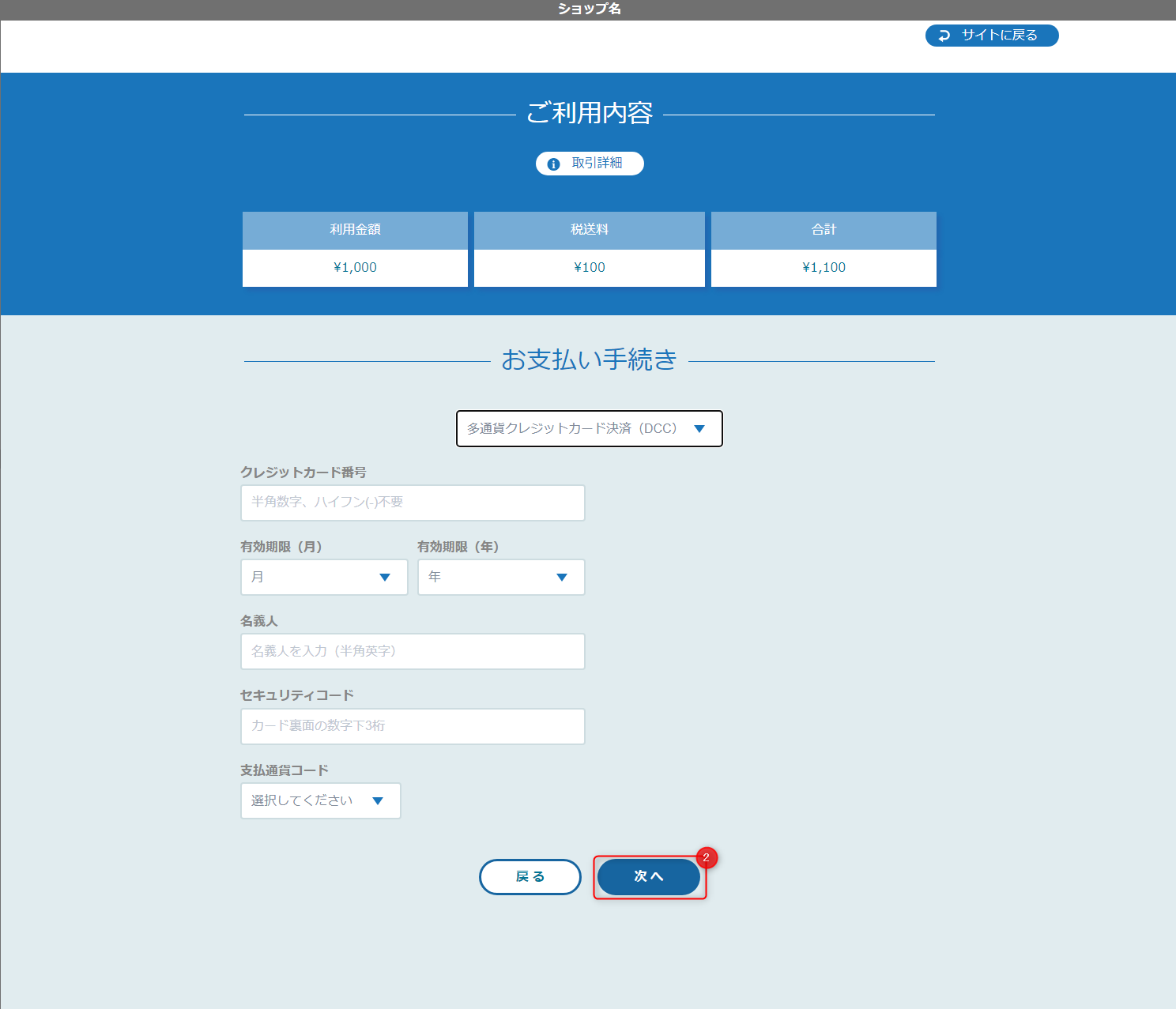 リンクタイプ Plus多通貨クレジットカード決済（DCC）_決済情報入力画面のスクリーンショット